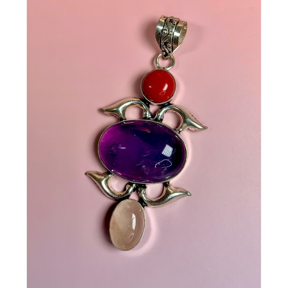 Amethyst Coral & Rose Quartz Statement Pendant - Picture 4 of 4